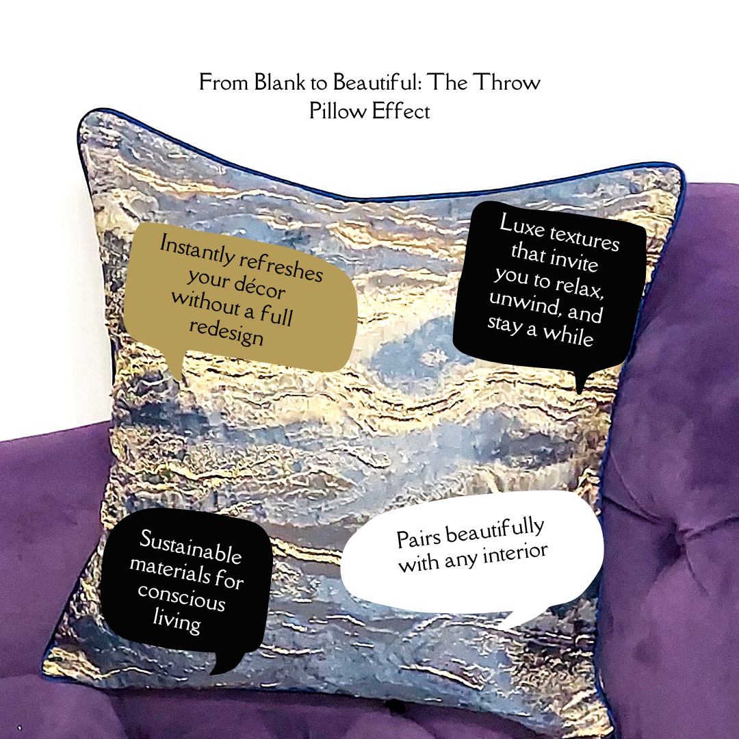 Blue and champagne abstract luxury throw pillow on sofa