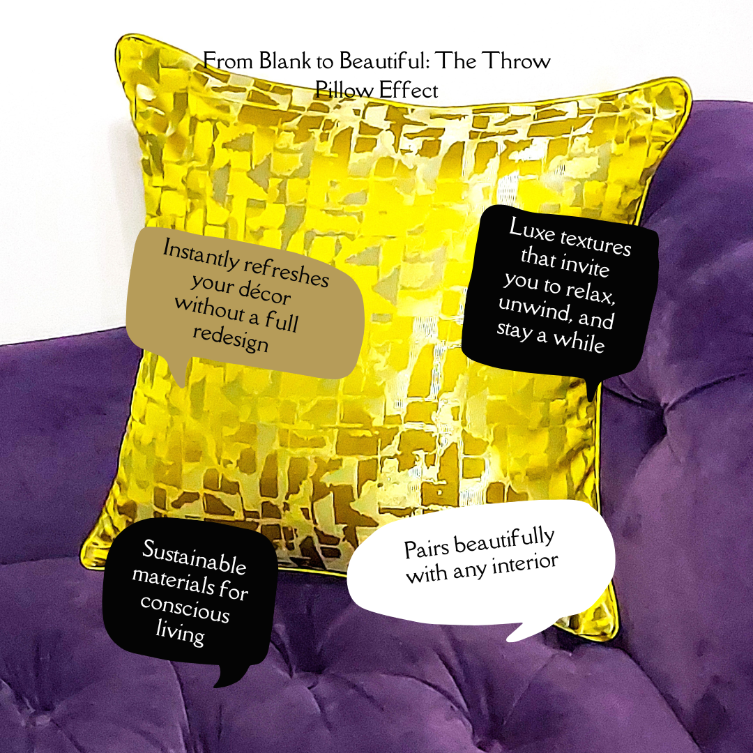 Yellow throw pillow with gold mosaic design on sofa