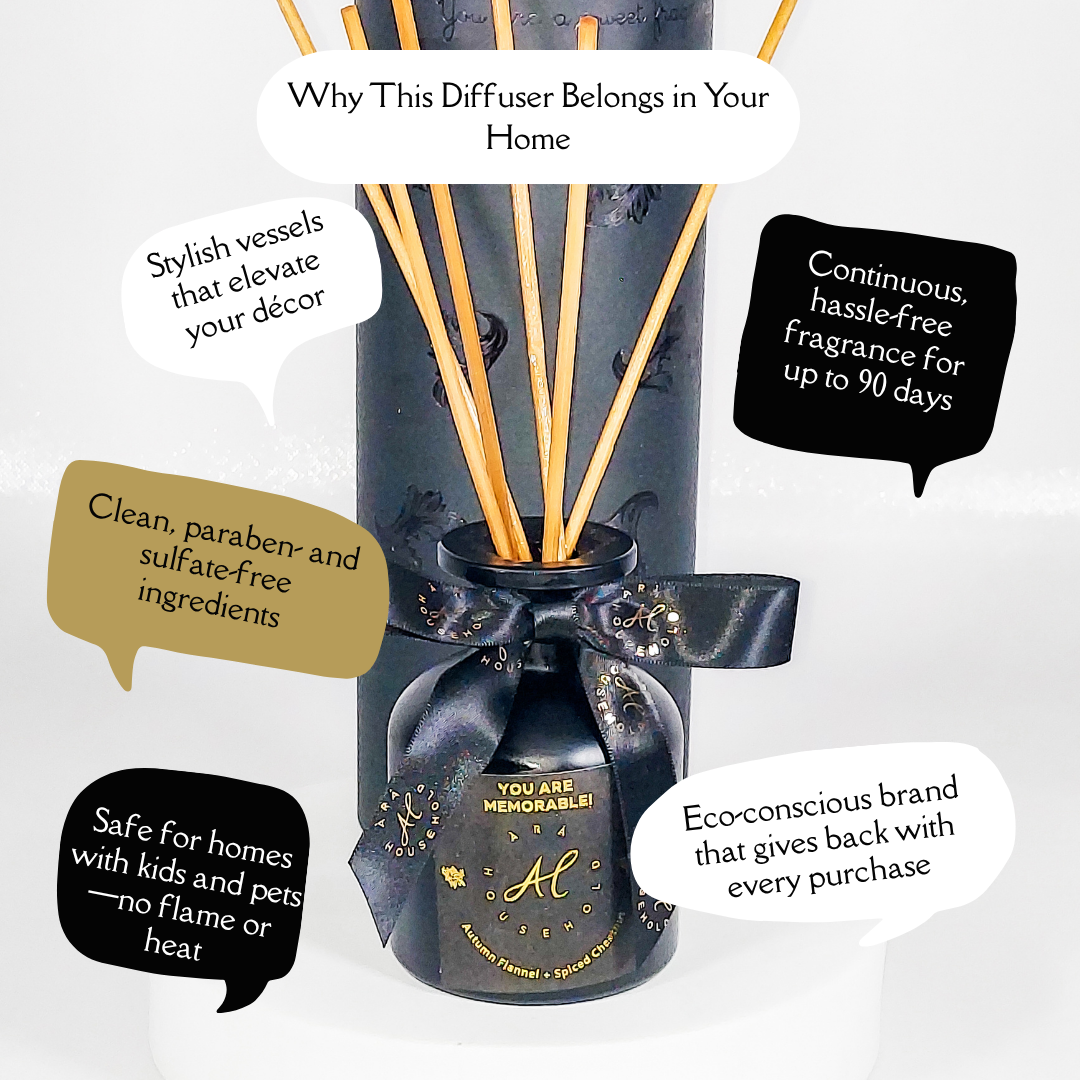 Warm autumn-themed reed diffuser on a decorative table
