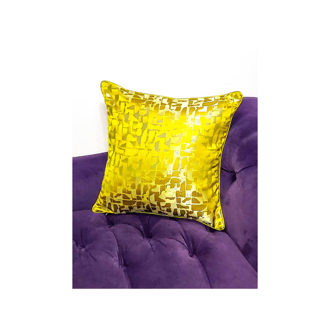 20x20 inch yellow and gold jacquard throw pillow close-up
