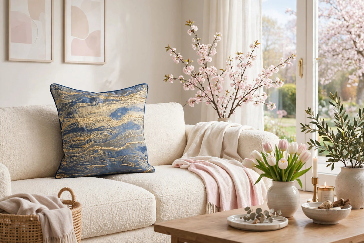 Blue & Gold Marble Abstract Luxury Throw Pillow | Modern Textured Home Décor