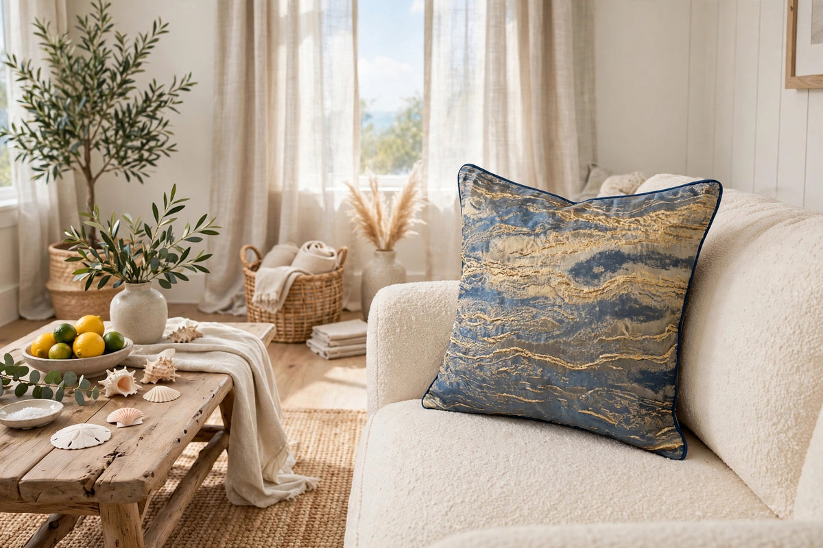 Blue & Gold Marble Abstract Luxury Throw Pillow | Modern Textured Home Décor
