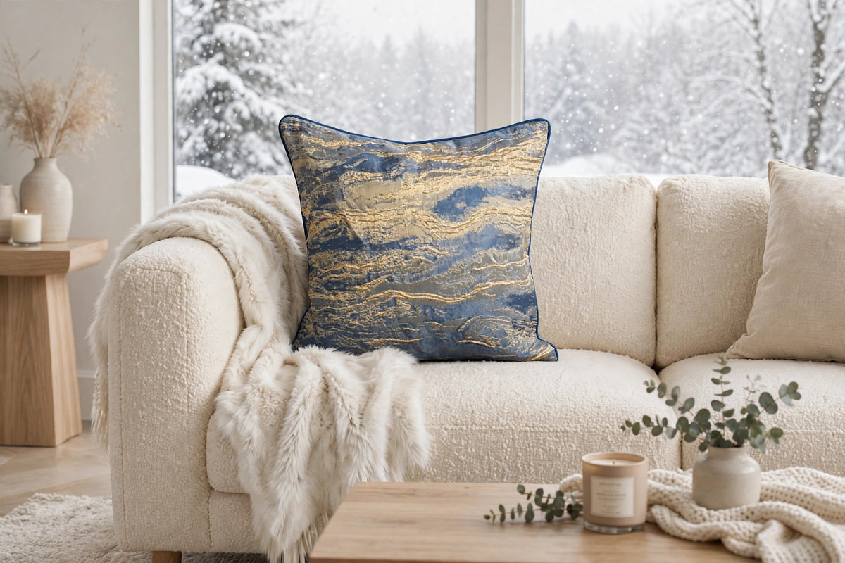 Blue & Gold Marble Abstract Luxury Throw Pillow | Modern Textured Home Décor