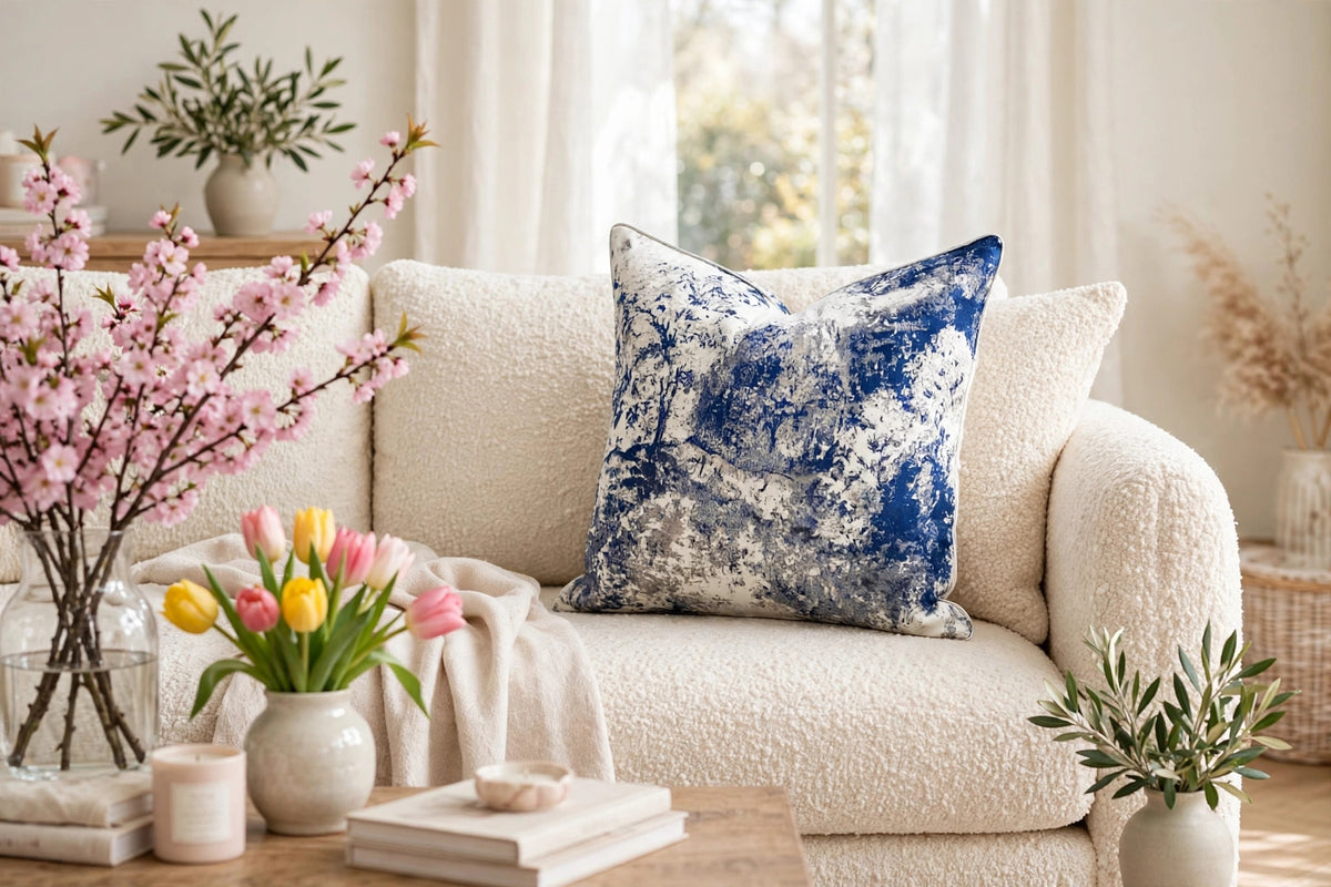 Blue & White Abstract Marble Luxury Throw Pillow | Modern Textured Home Décor