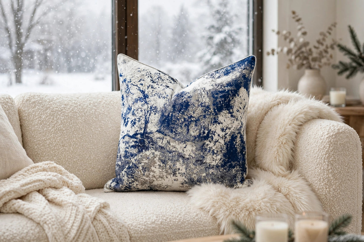 Blue & White Abstract Marble Luxury Throw Pillow | Modern Textured Home Décor