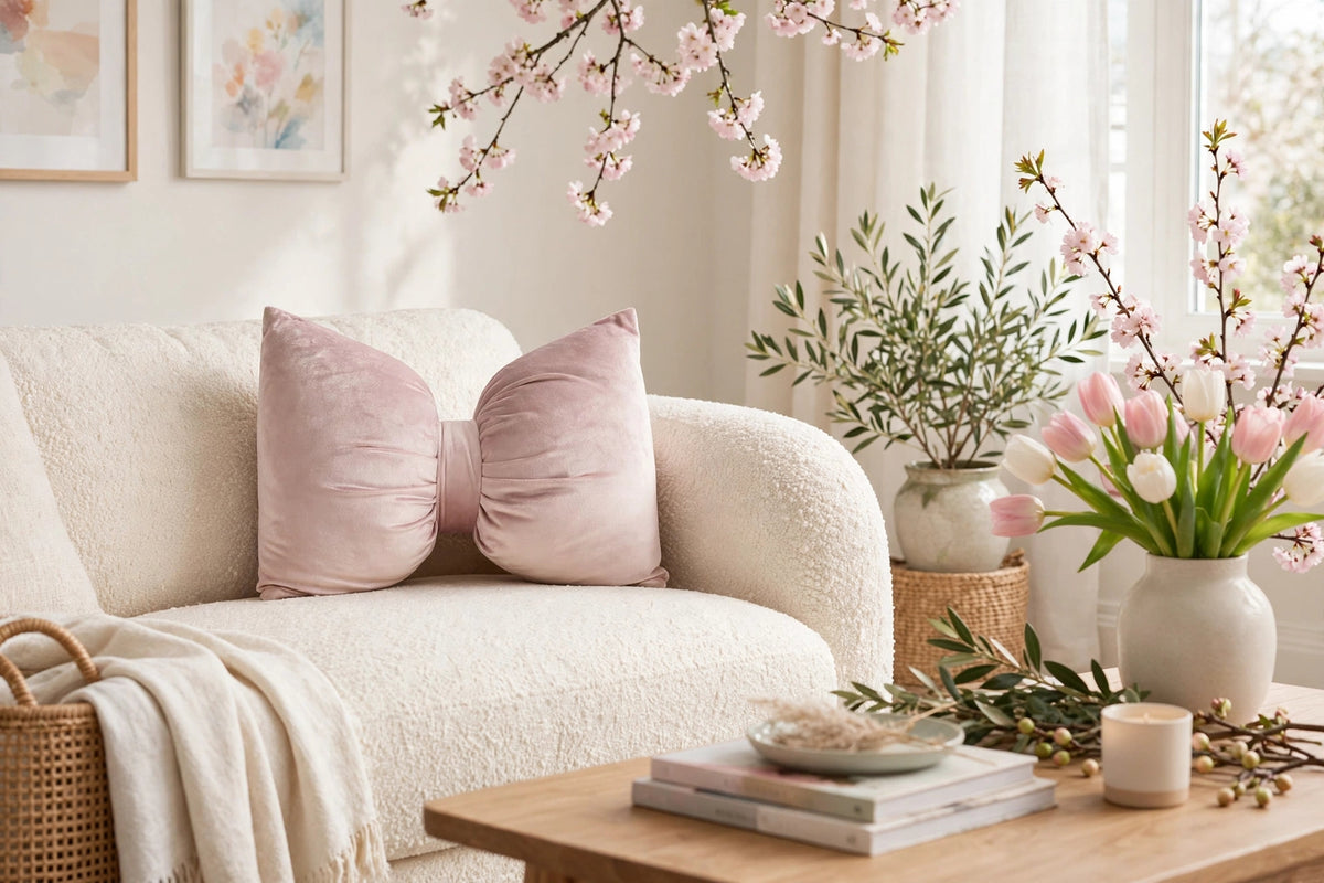 Blush Pink Velvet Bow Luxury Throw Pillow | Modern Textured Home Décor