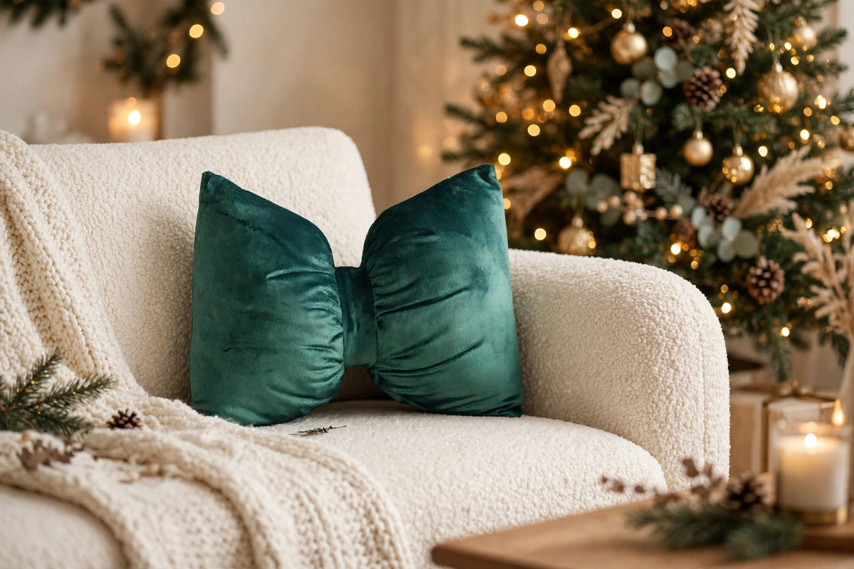 Emerald Green Velvet Bow Luxury Throw Pillow | Modern Textured Home Décor