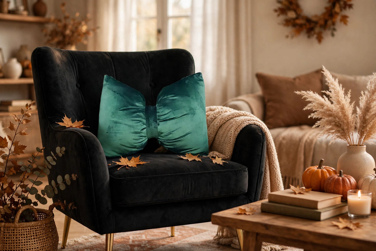 Emerald Green Velvet Bow Luxury Throw Pillow | Modern Textured Home Décor