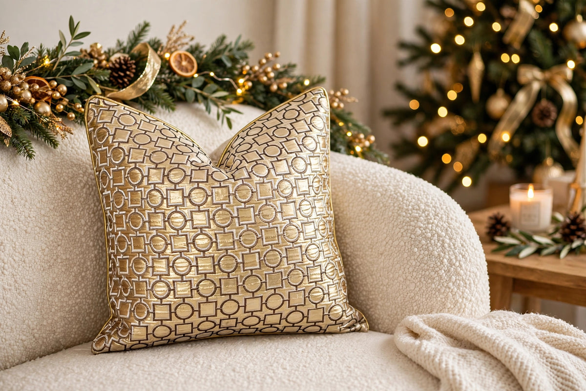 Gold Geometric Chain  Luxury Throw Pillow | Modern Textured Home Décor