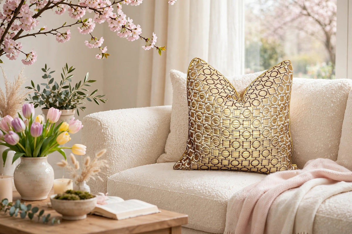 Gold Geometric Chain  Luxury Throw Pillow | Modern Textured Home Décor