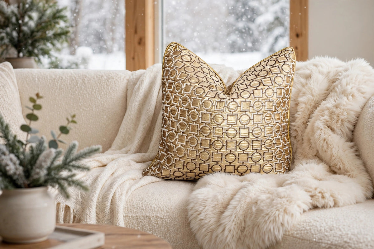 Gold Geometric Chain  Luxury Throw Pillow | Modern Textured Home Décor