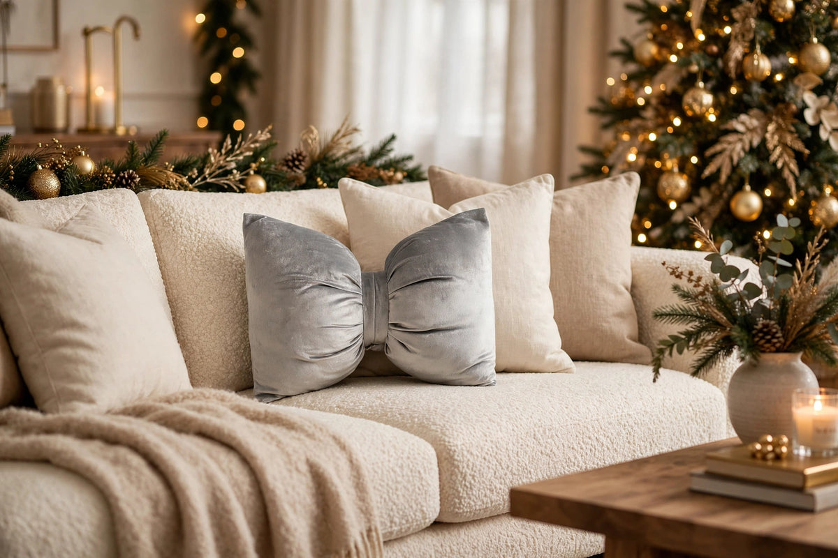 Silver Grey Velvet Bow Luxury Throw Pillow | Modern Textured Home Décor