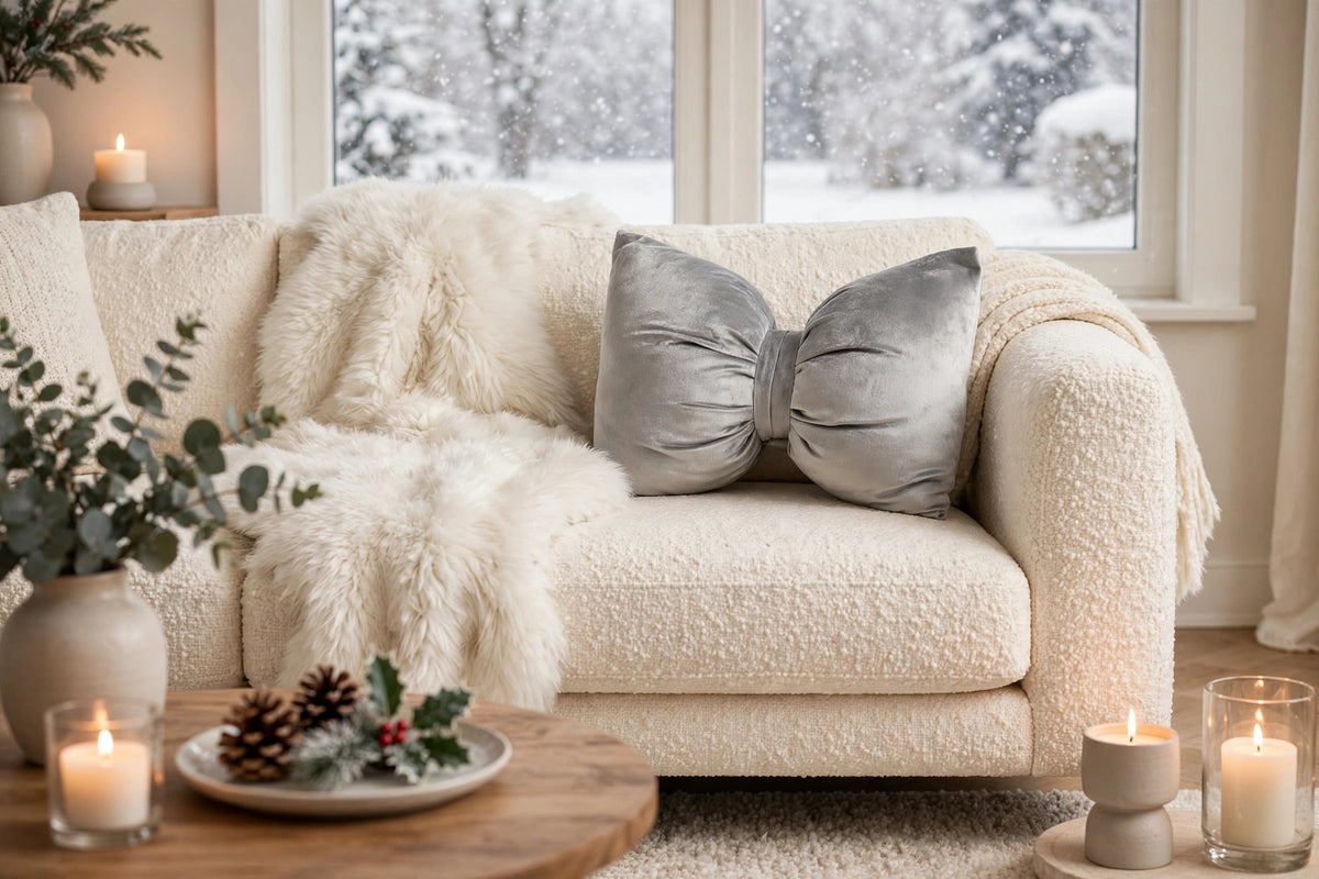 Silver Grey Velvet Bow Luxury Throw Pillow | Modern Textured Home Décor
